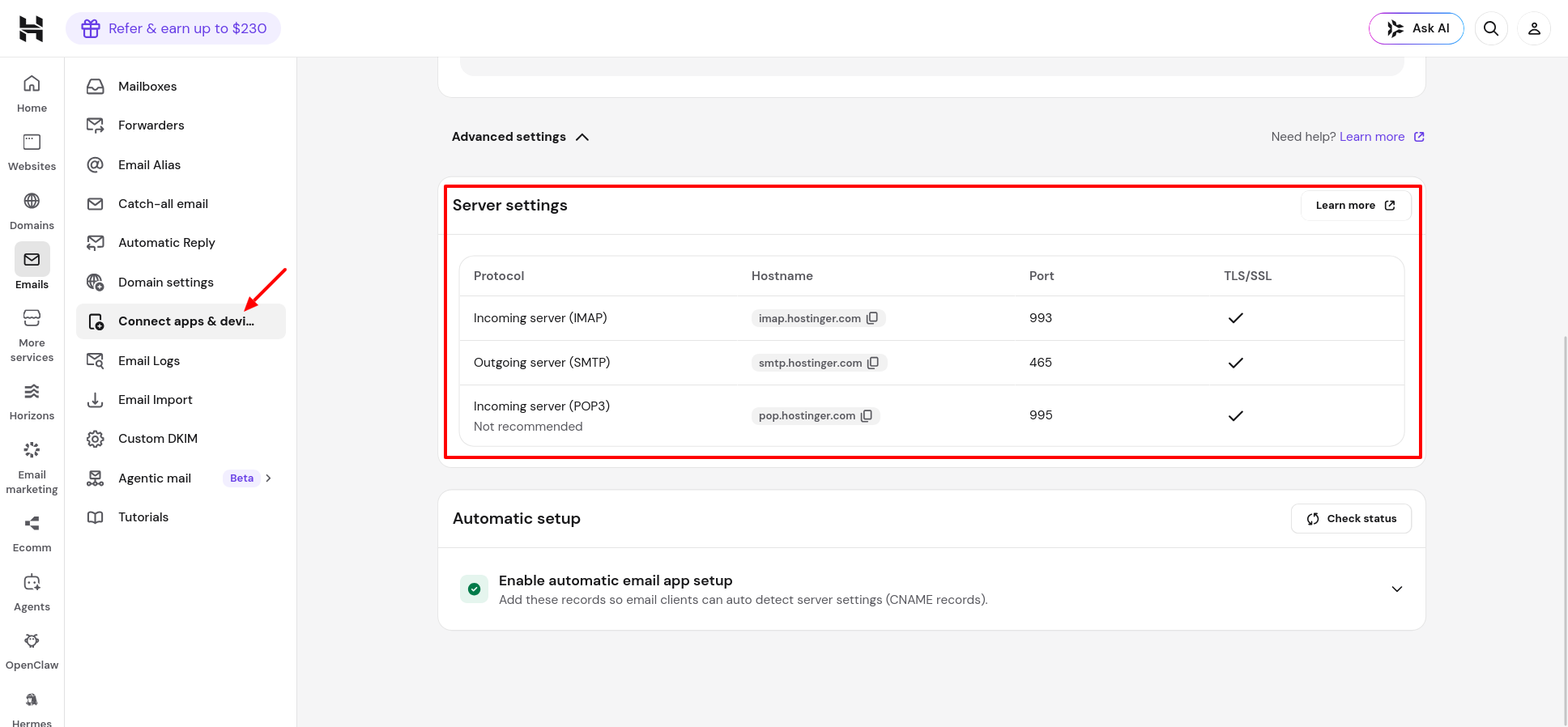 Hostinger IMAP SMTP and POP3 server settings