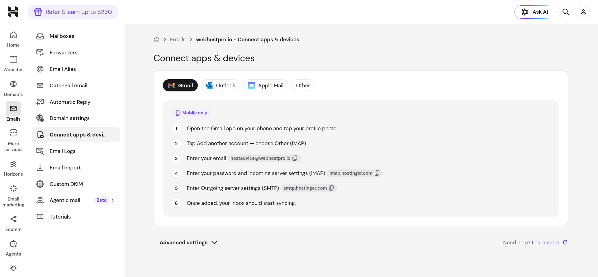 Gmail Hostinger email account setup screen