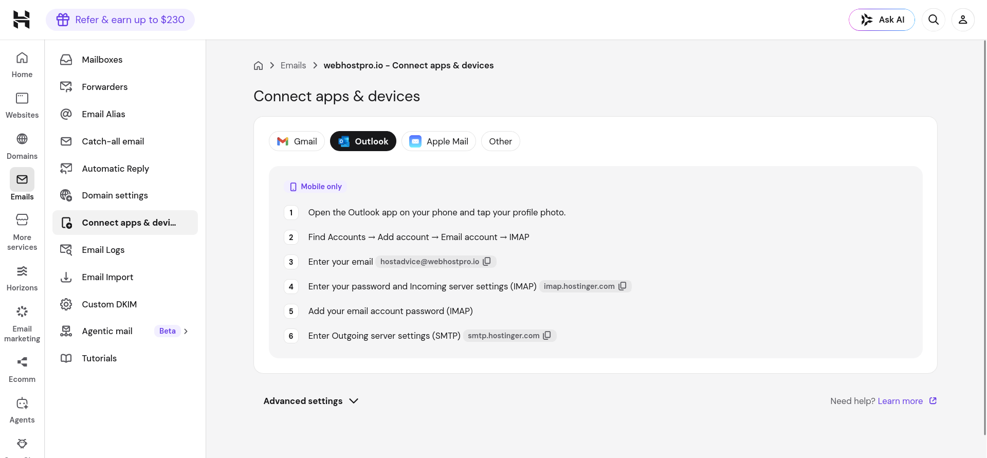 Outlook Hostinger IMAP email account setup
