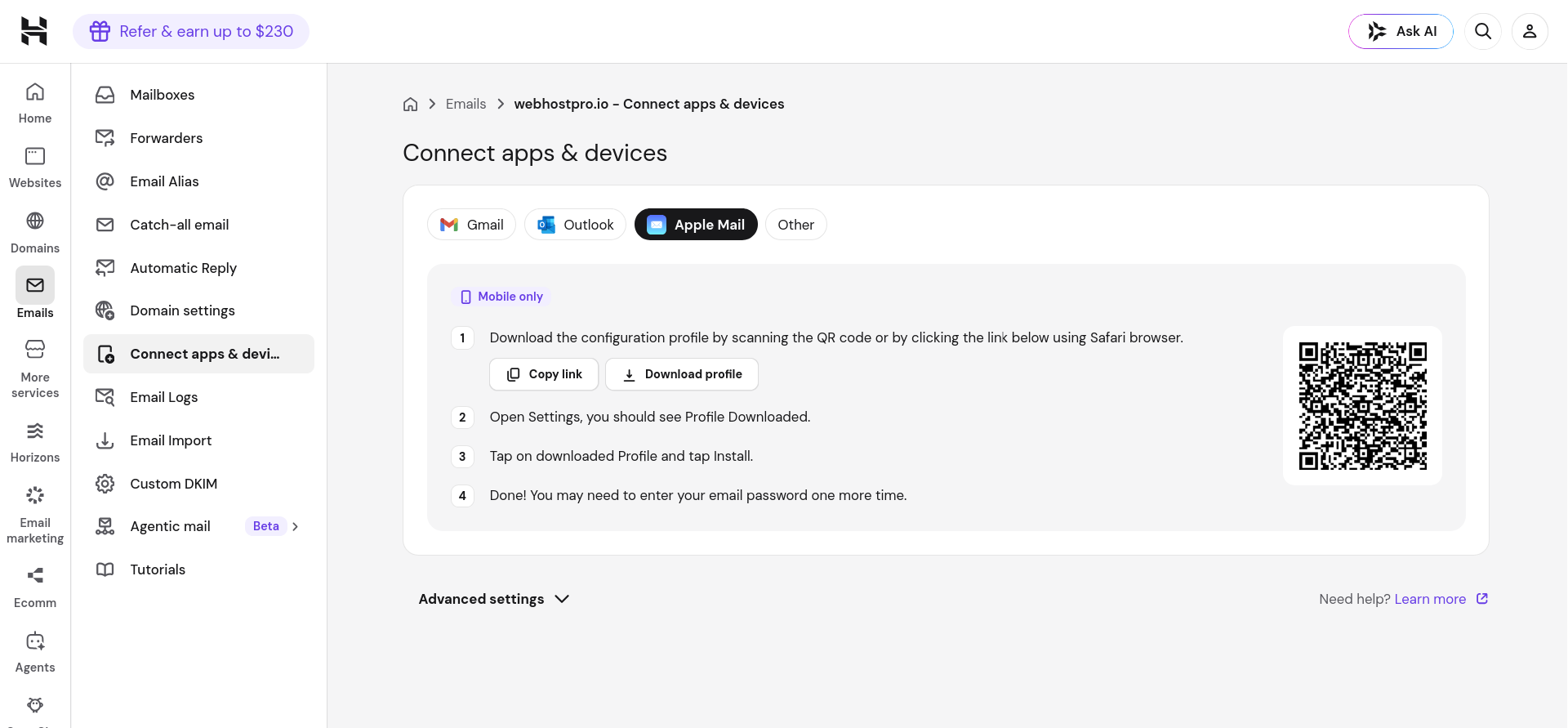 Hostinger Apple Mail configuration profile setup