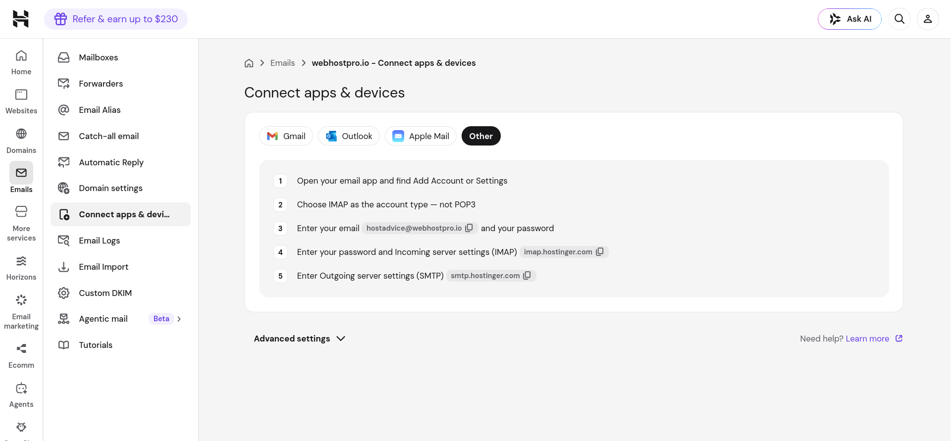 Hostinger generic IMAP client setup instructions