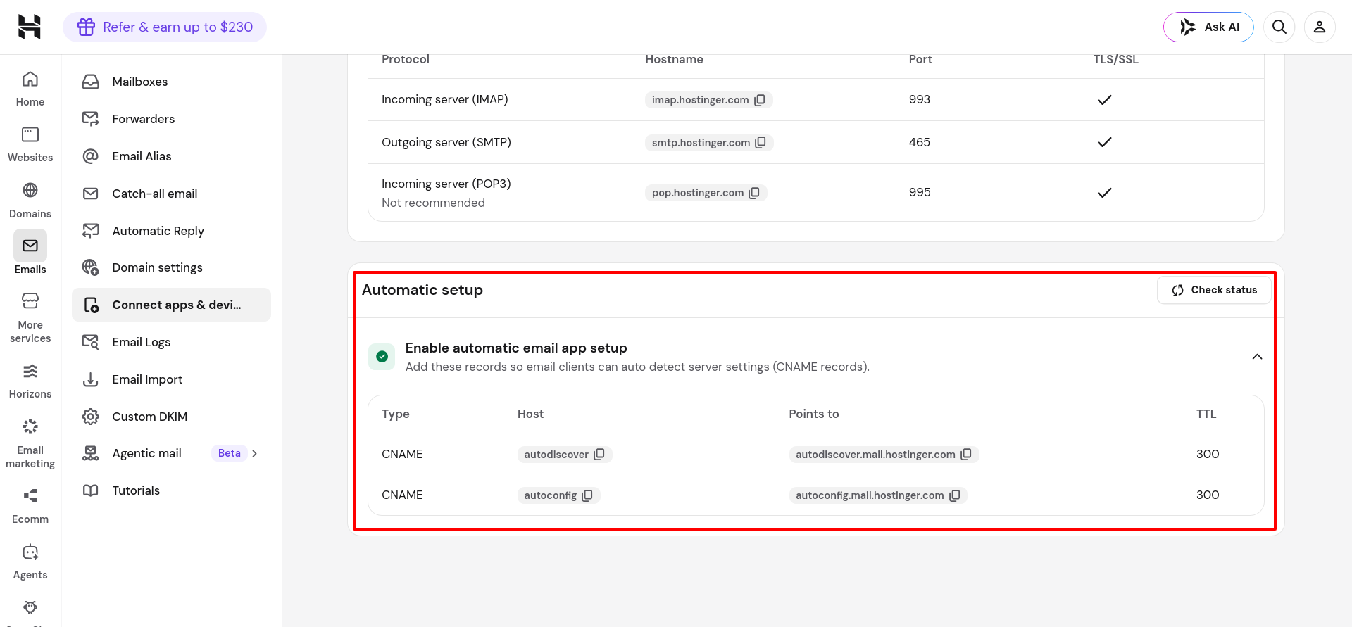 Hostinger automatic email setup CNAME records