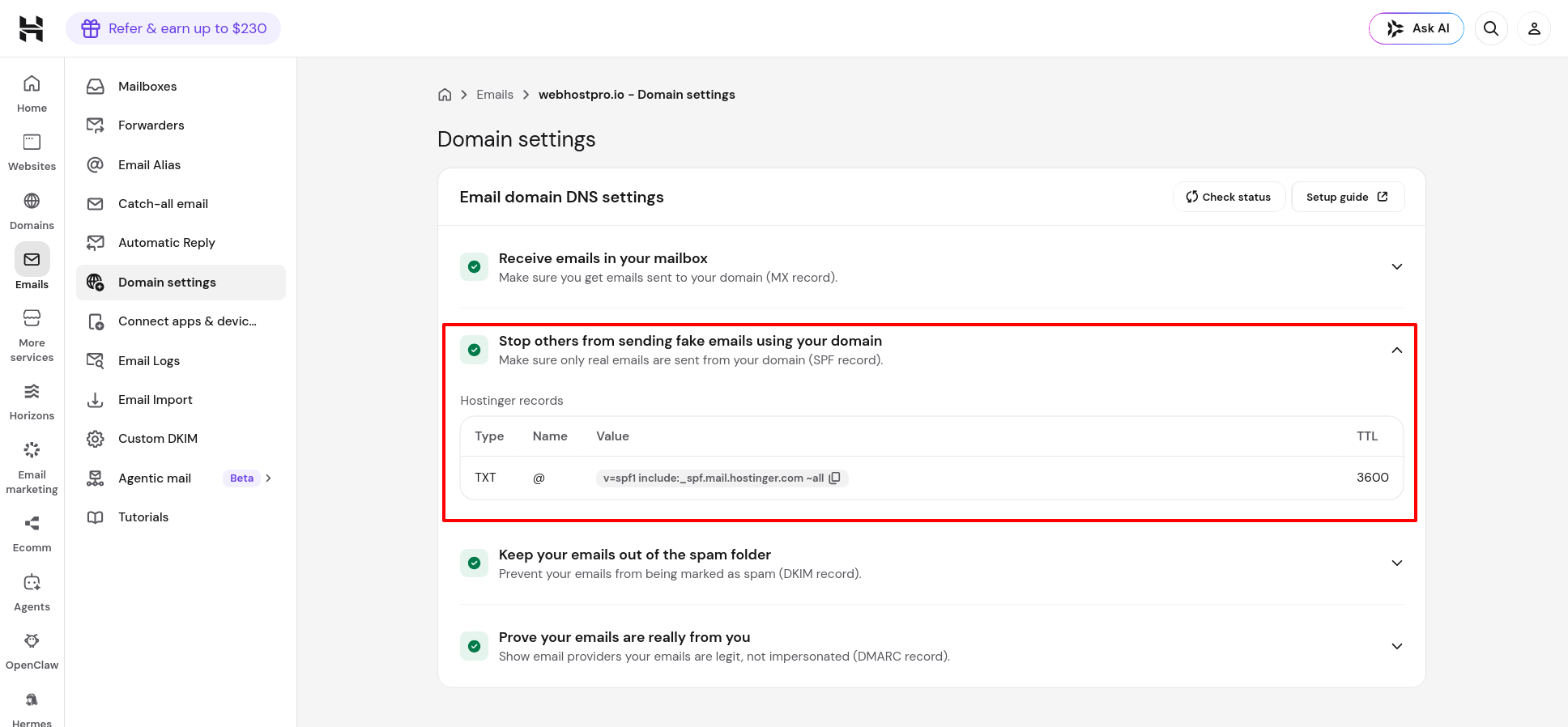 Hostinger hPanel email domain settings showing the SPF record