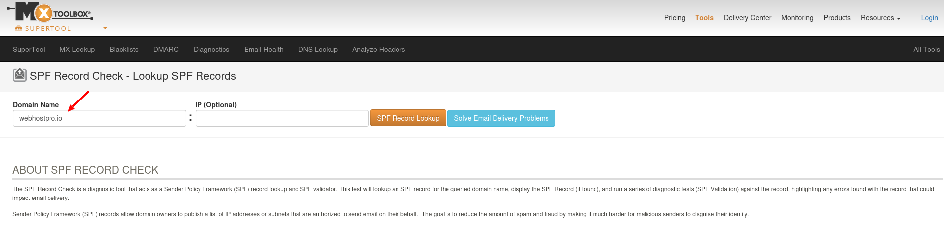 MXToolbox SPF Record Lookup validation test for a Hostinger SPF record