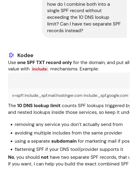 Hostinger Kodee AI guidance for combining multiple email senders into one SPF record