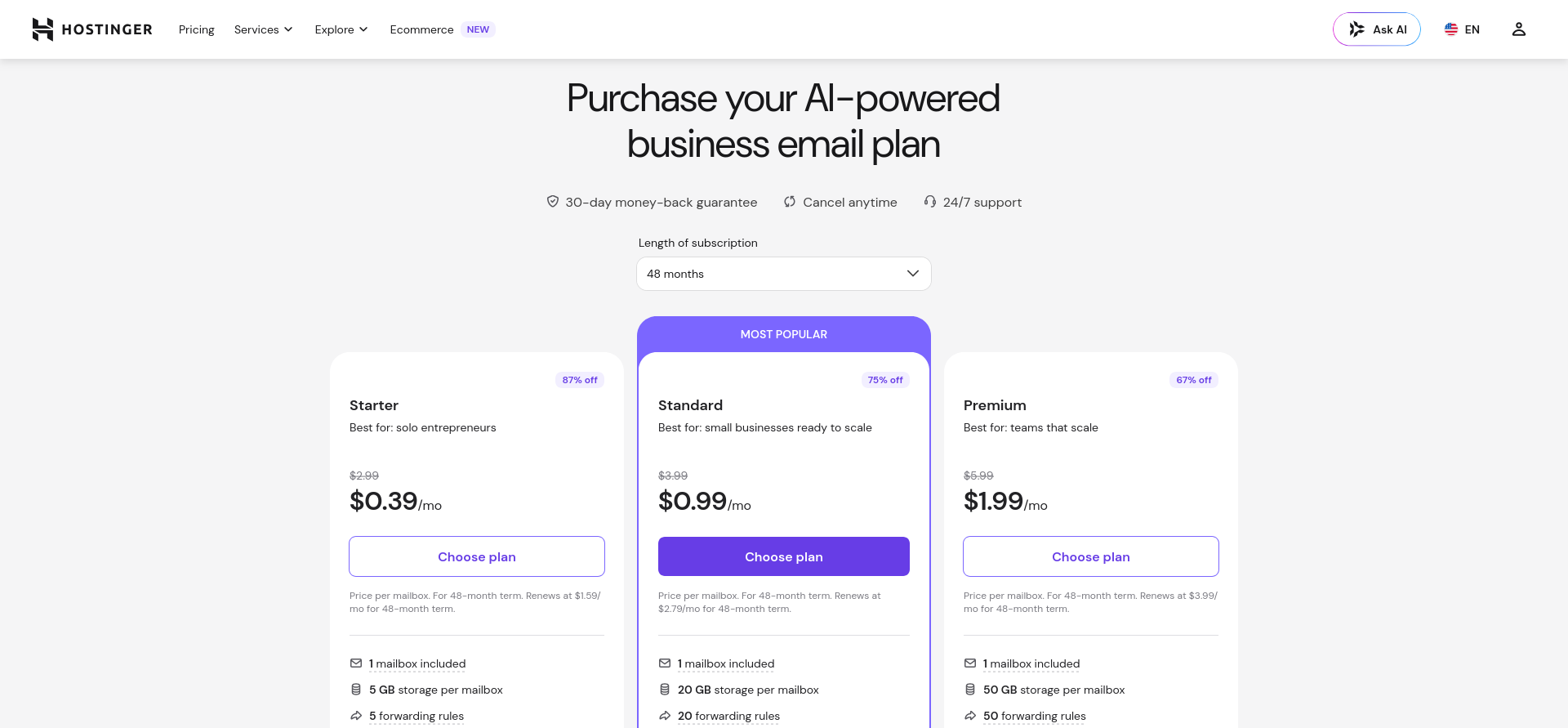 Hostinger Business Email pricing plans and mailbox storage options
