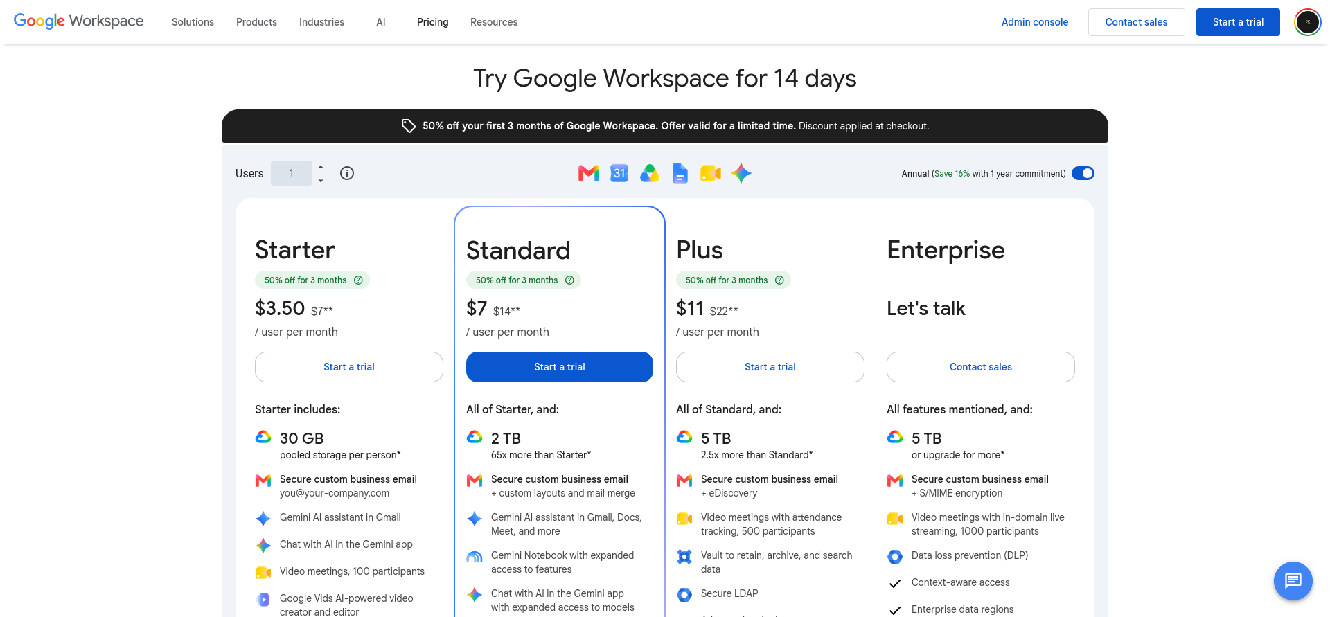 Google Workspace Business plans with promotional and regular pricing