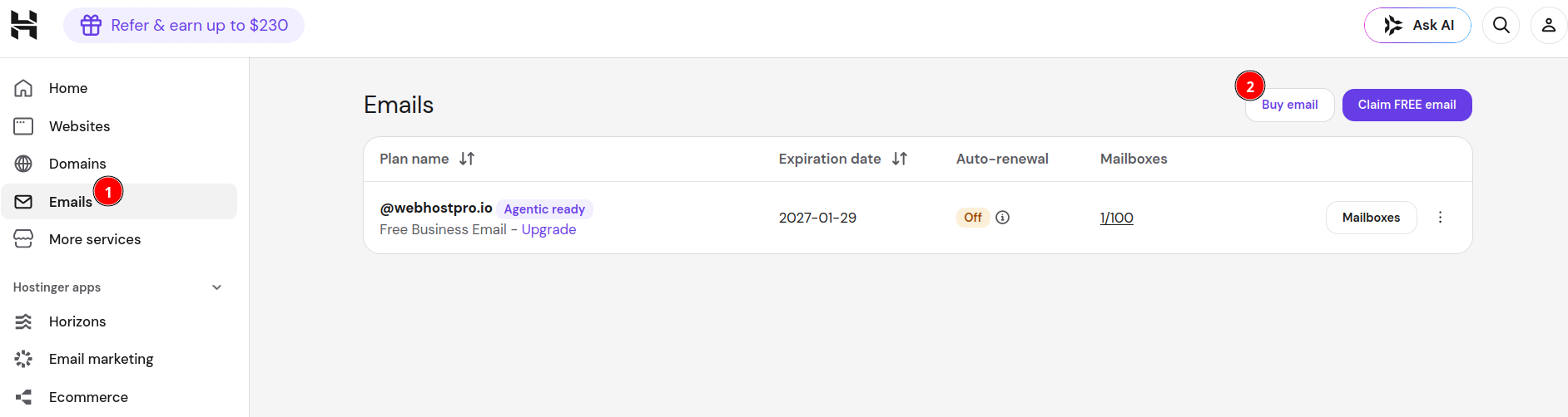 Hostinger Email mailbox setup inside the hPanel dashboard