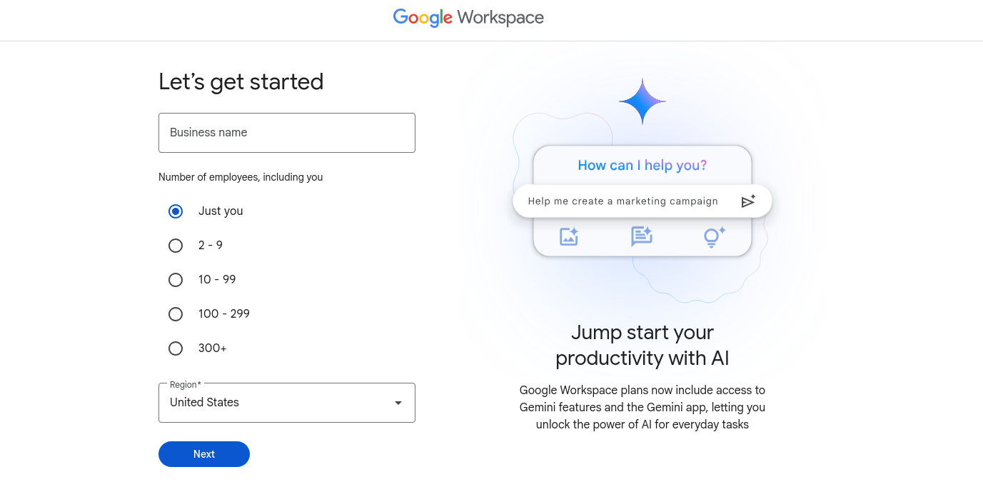 Google Workspace business size and region selection during signup