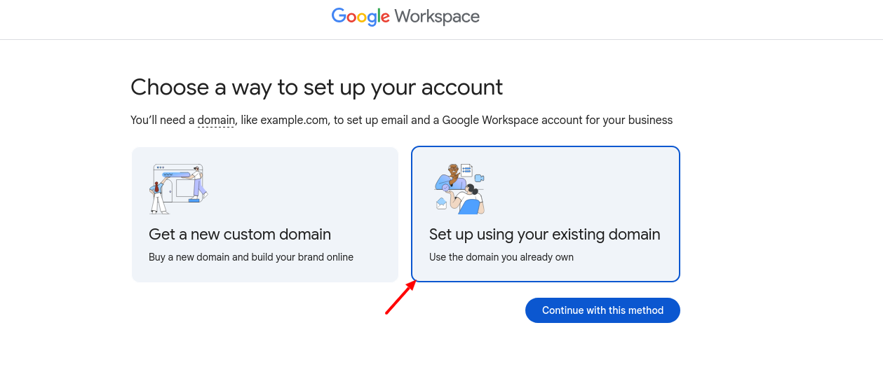 Google Workspace existing domain connection during account setup