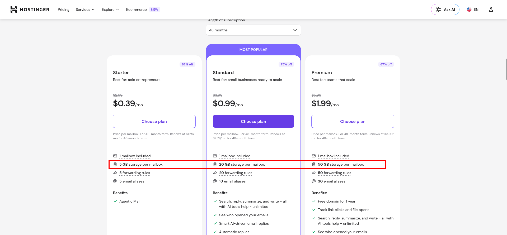Hostinger Email storage limits for Starter Standard and Premium plans