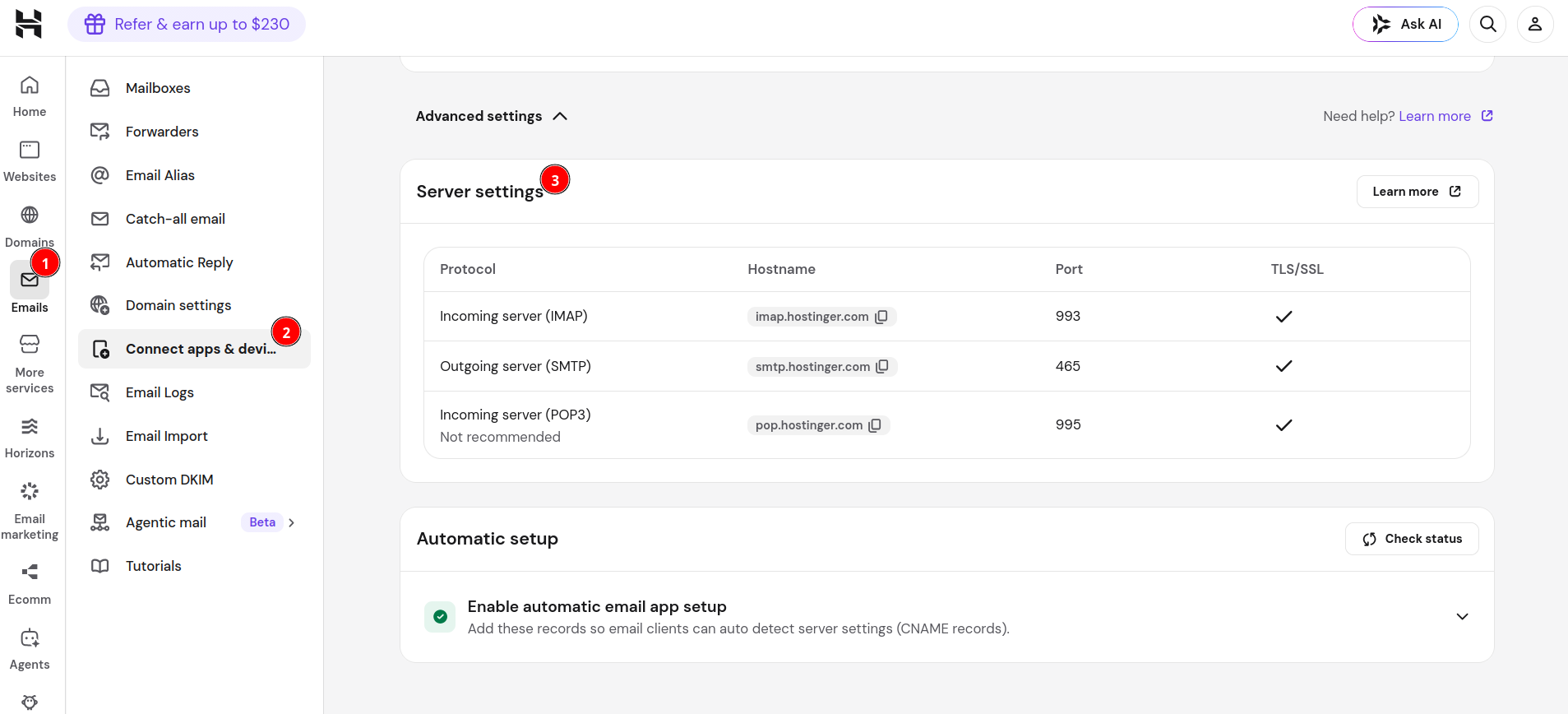 Hostinger hPanel advanced SMTP settings showing hostname, port, and encryption details