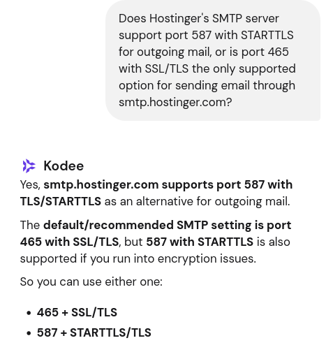 Hostinger Kodee confirmation that SMTP port 587 with STARTTLS is supported
