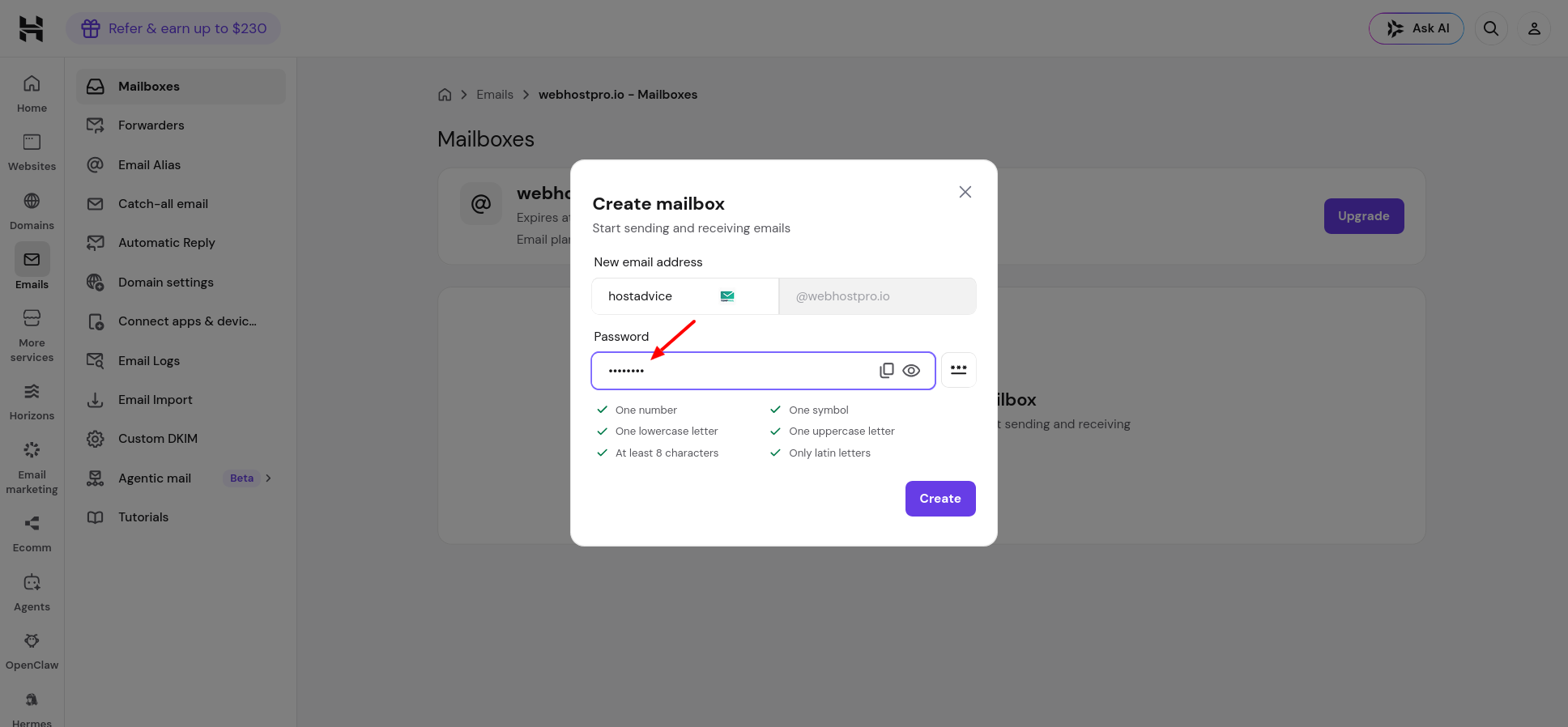 Hostinger mailbox authentication settings for SMTP username and password