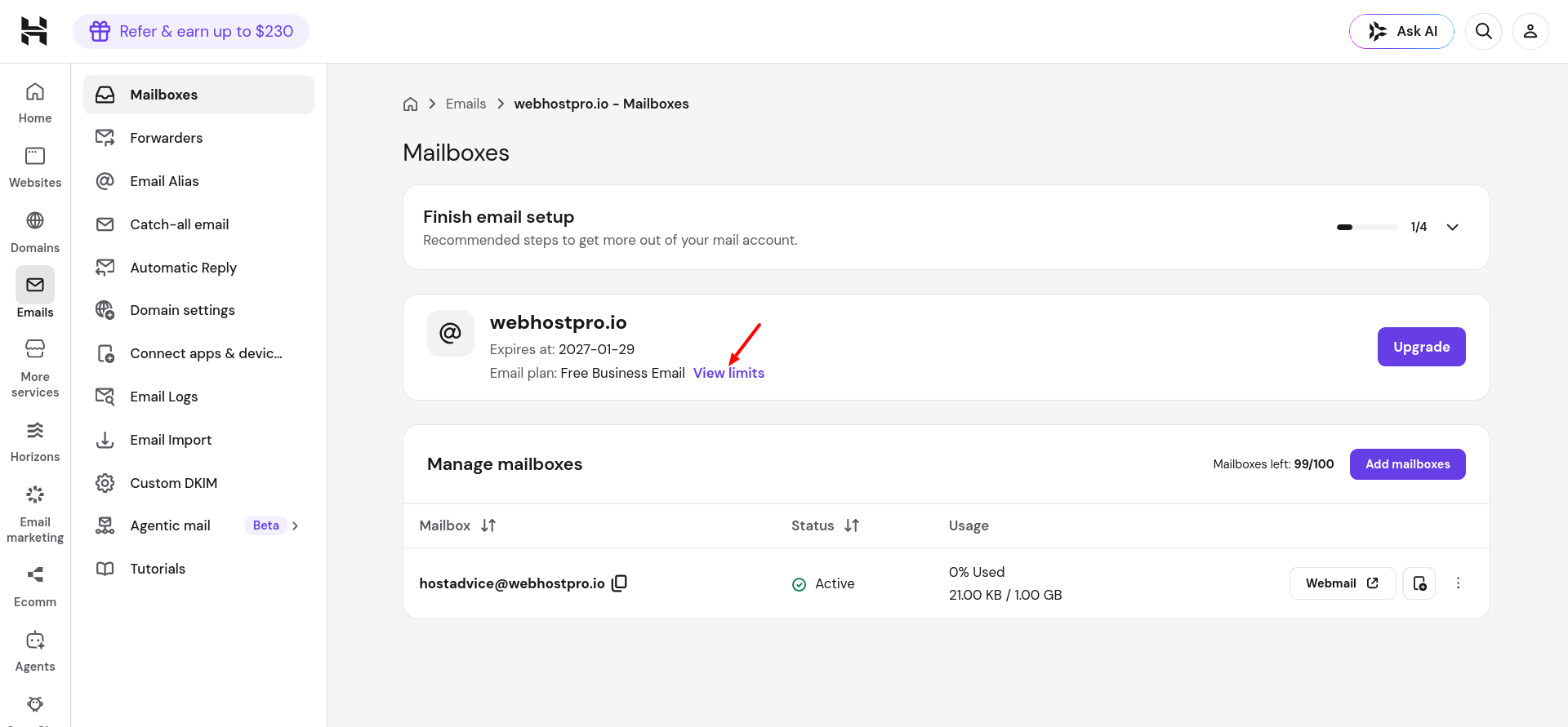 Hostinger hPanel View limits option for an email mailbox plan