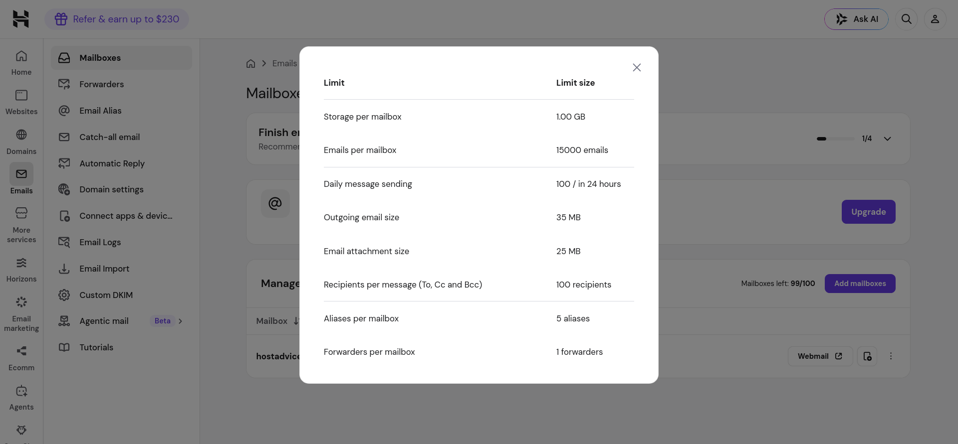 Hostinger Free Business Email mailbox storage and daily sending limits