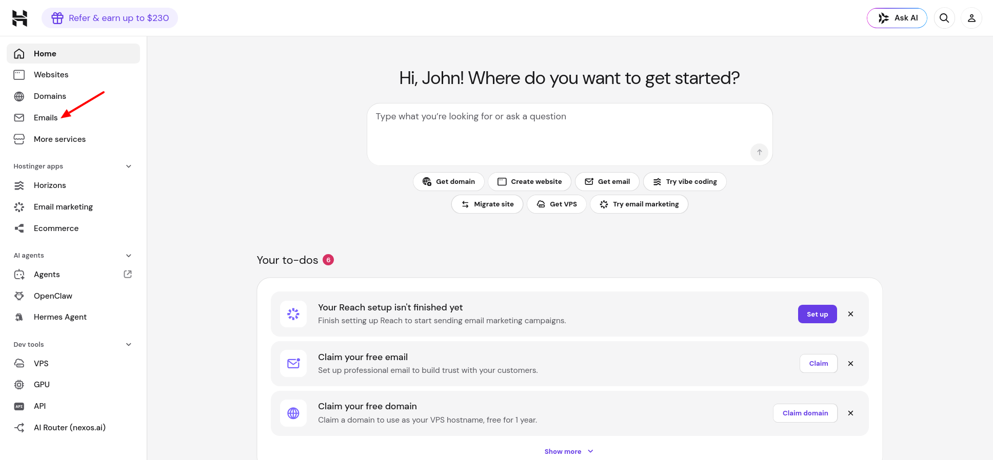 Hostinger hPanel Emails section for accessing webmail