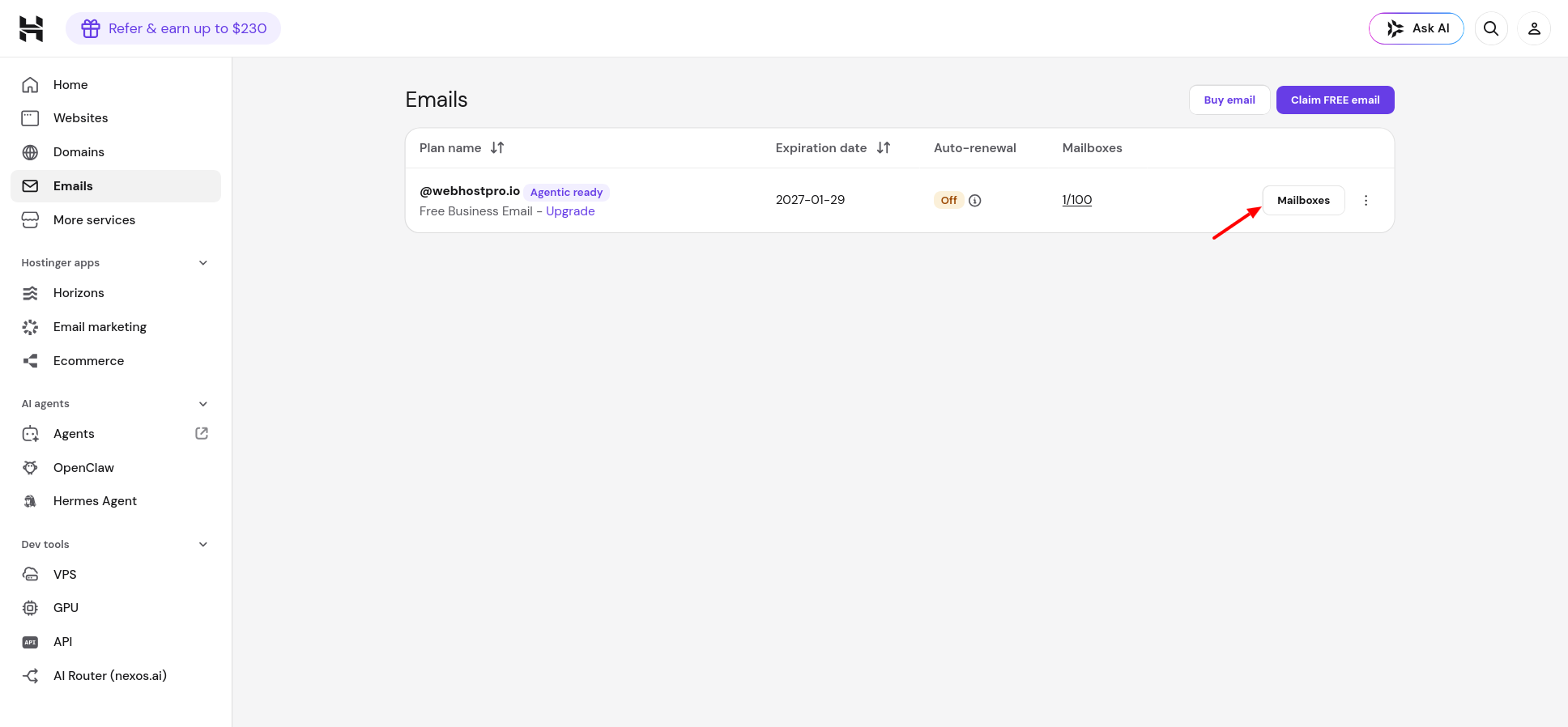 Hostinger hPanel Mailboxes option for a domain