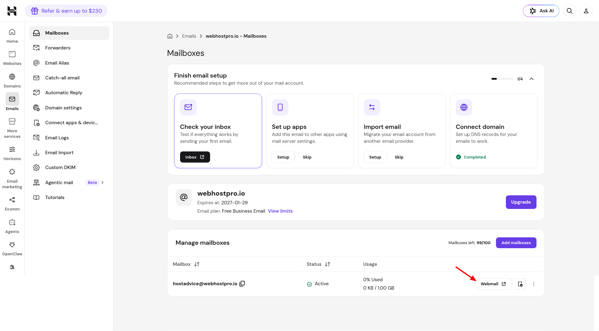 Hostinger Manage mailboxes table with Webmail button