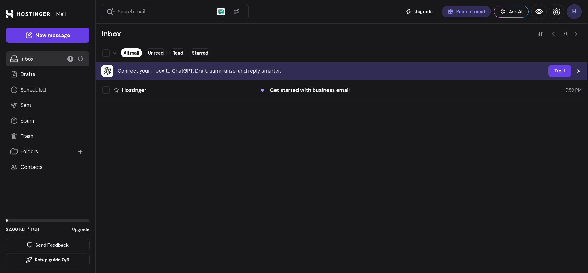 Hostinger webmail inbox opened directly through hPanel