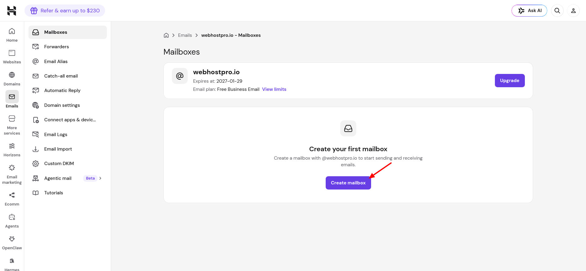 Hostinger Create your first mailbox screen in hPanel