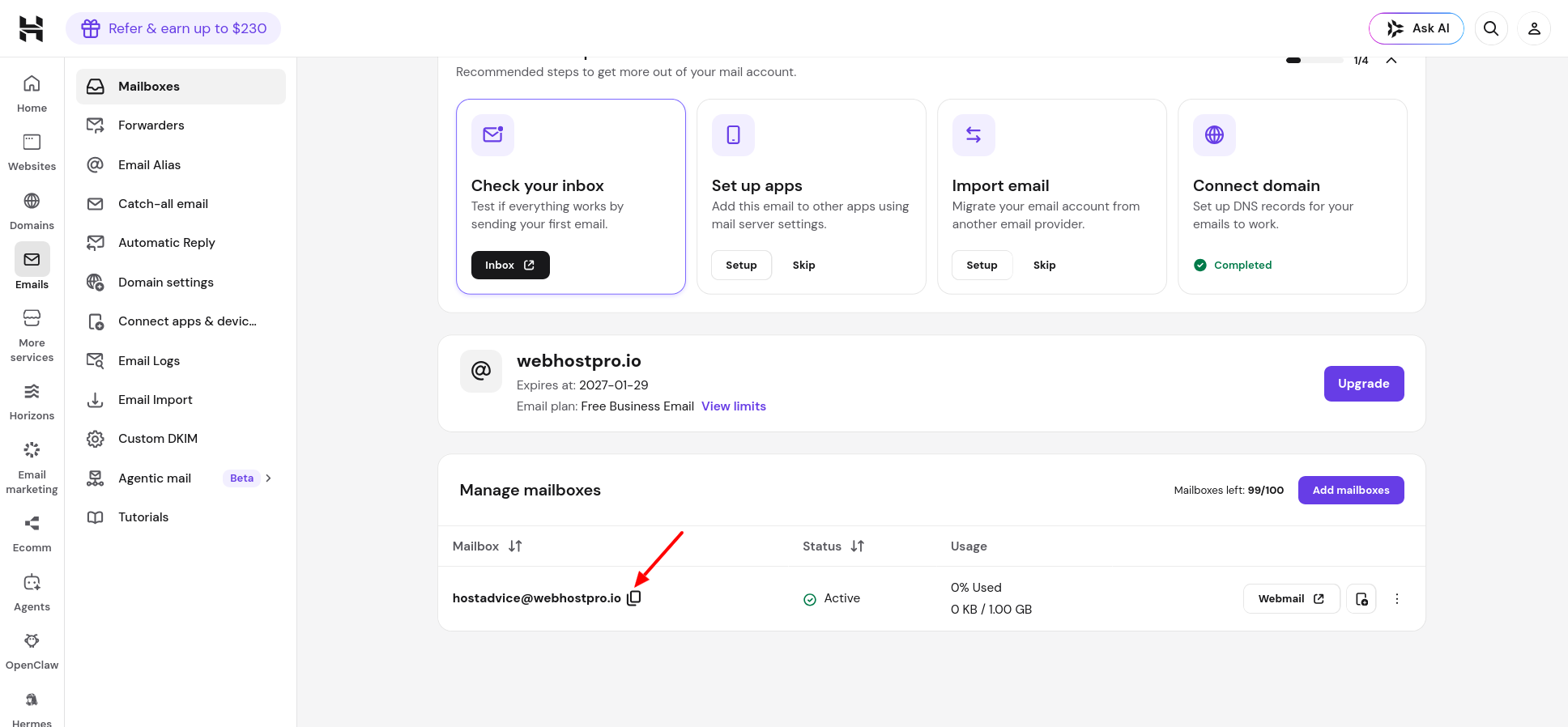 Copy mailbox address icon in the Hostinger Manage mailboxes table