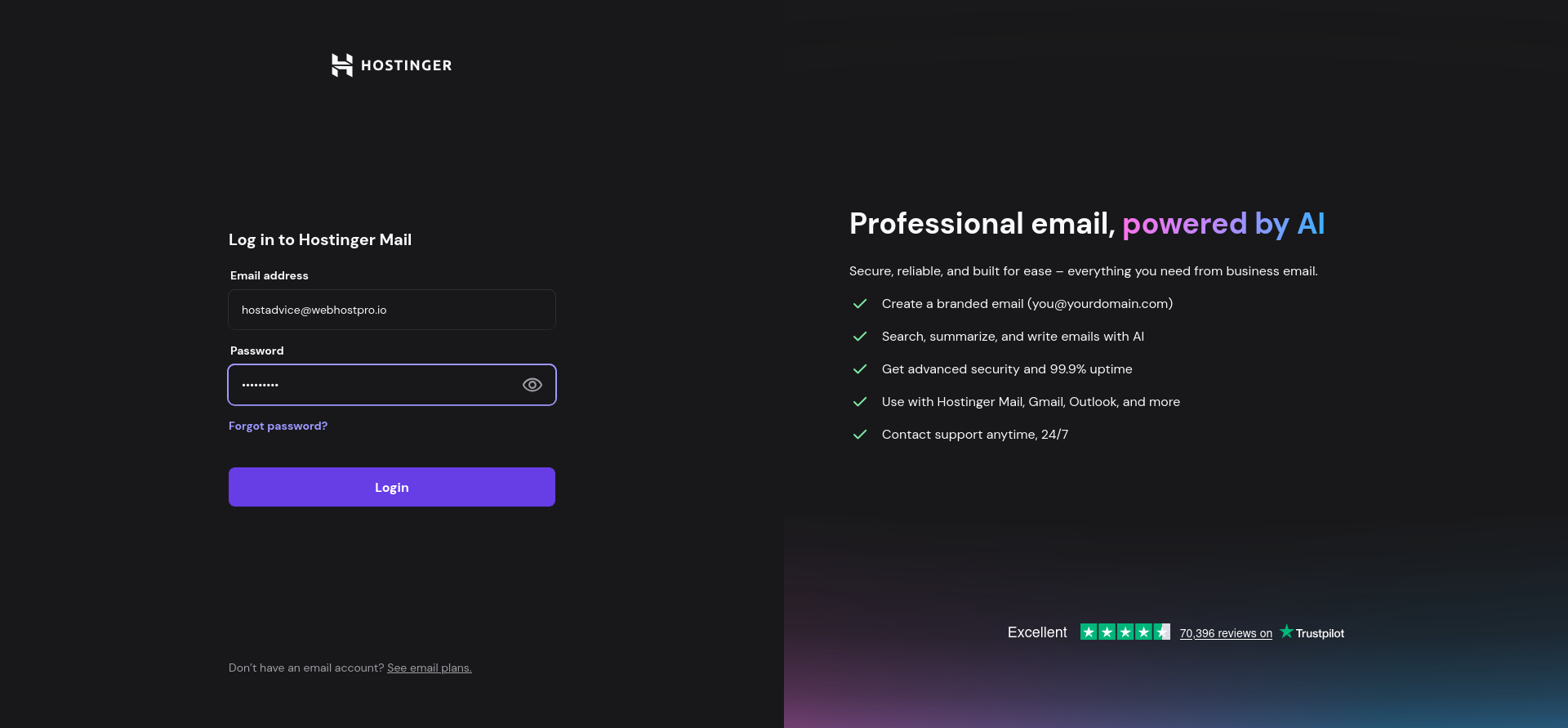 Hostinger Mail login screen with email and password fields