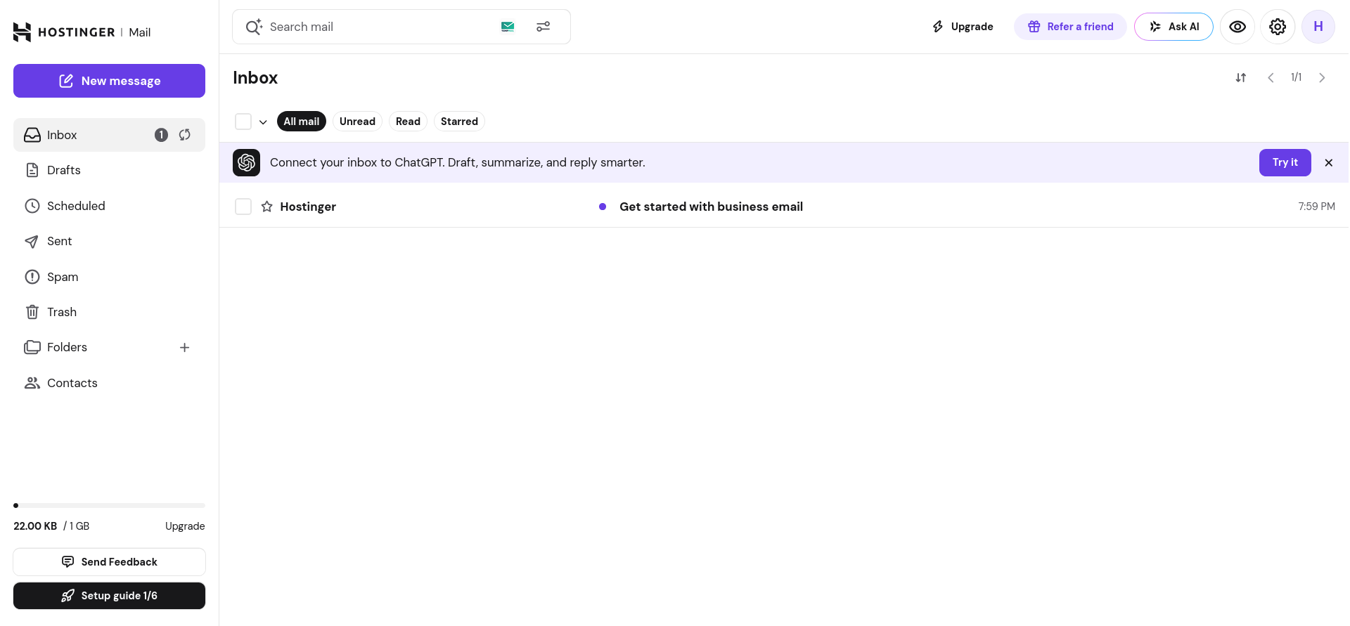 Hostinger Mail inbox with sidebar folders