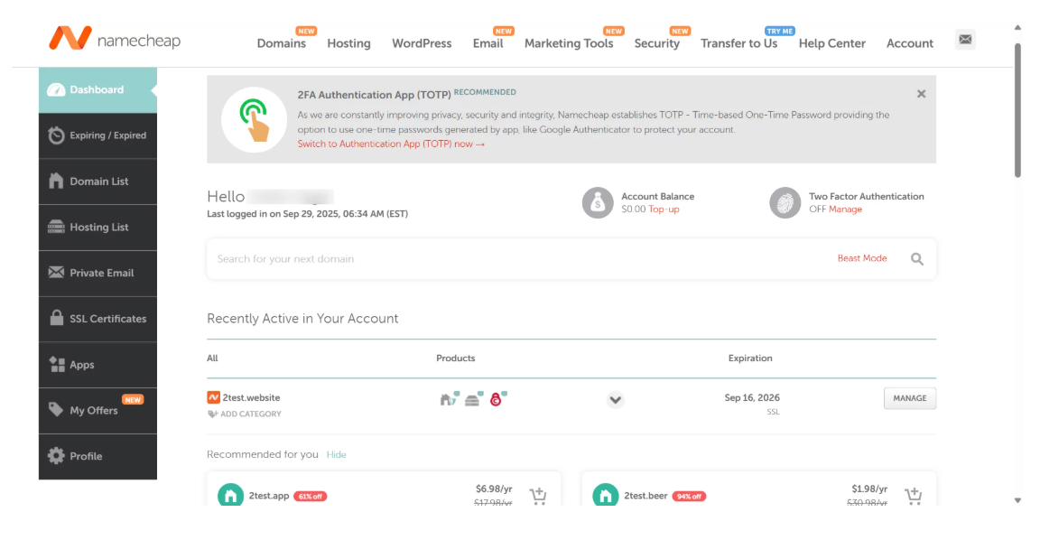 „Namecheap“ naudojimo paprastumas