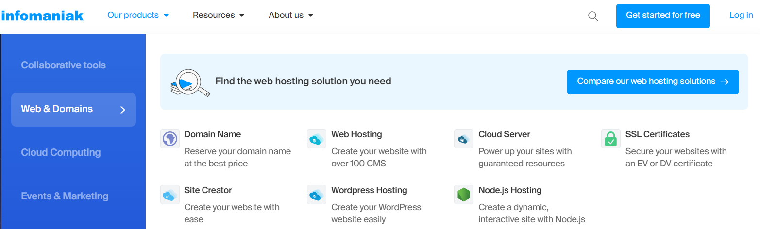 Infomaniak Web and Domains navigation menu