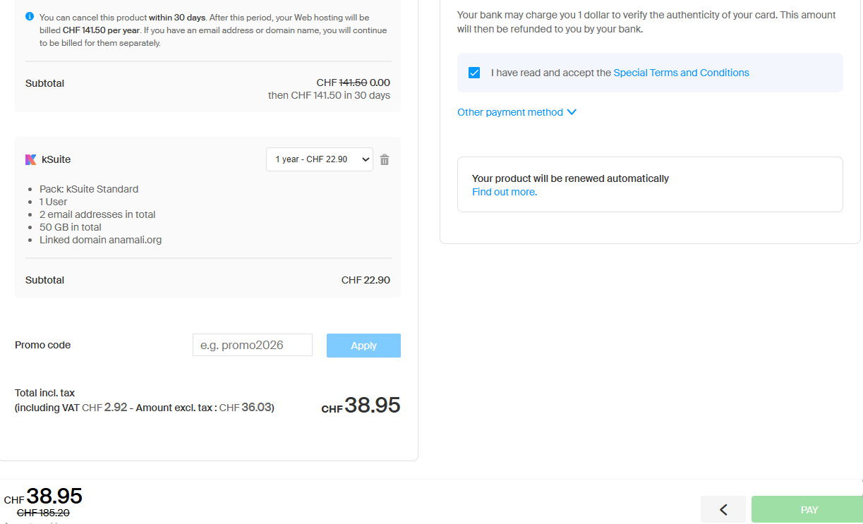 Infomaniak promo code field during checkout