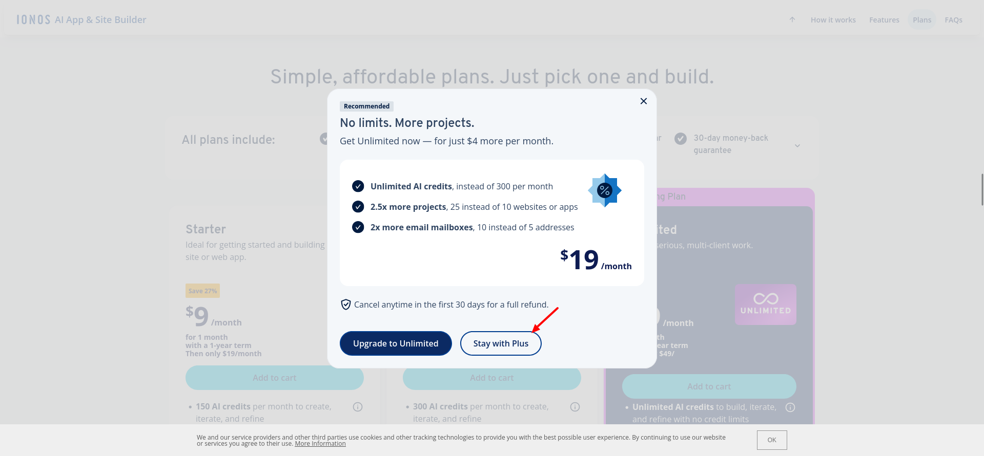screenshot of 'Stay with plus' button