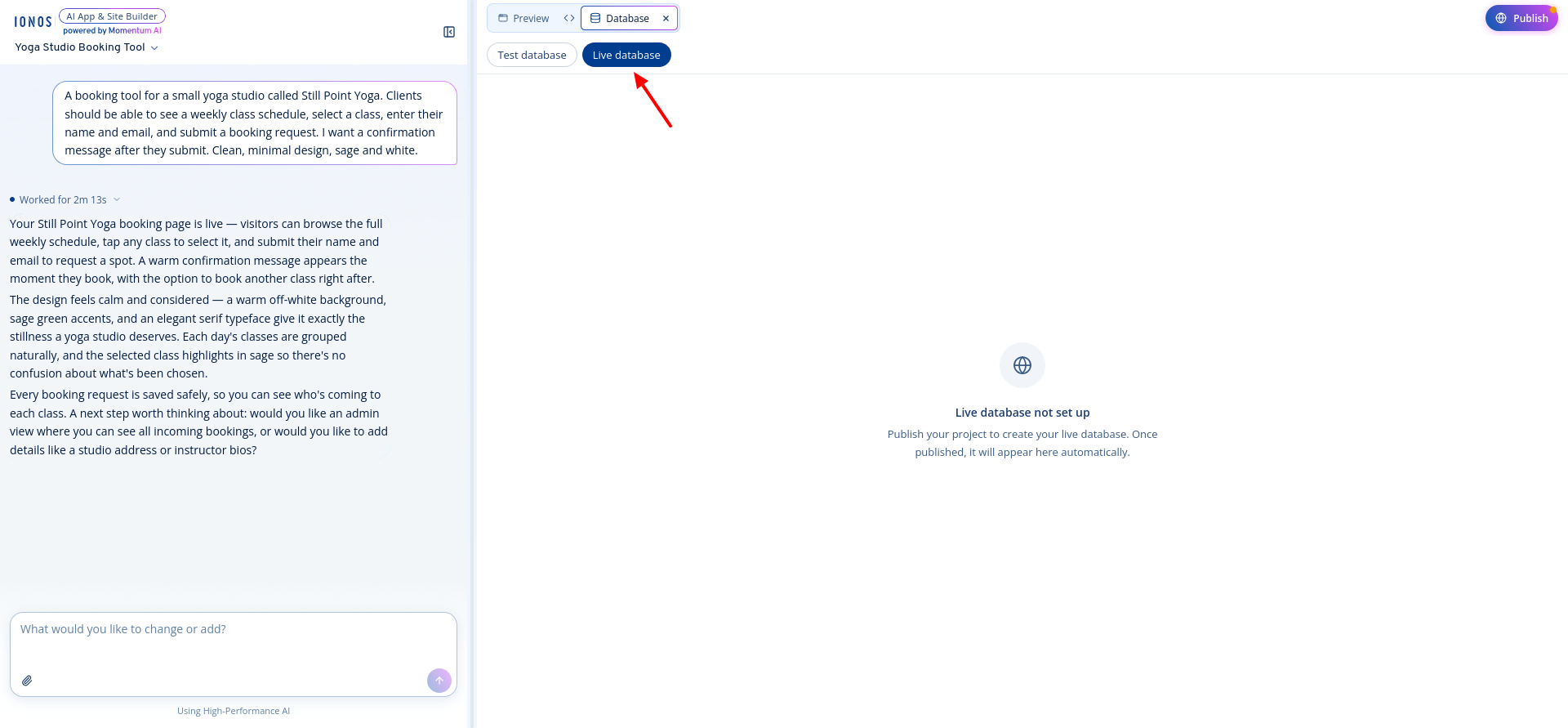 screenshot of the Live Database button