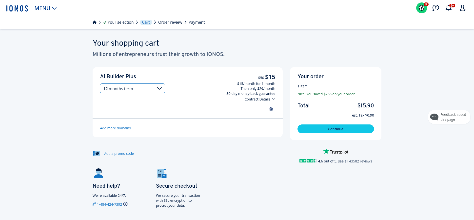 screenshot of the shopping cart