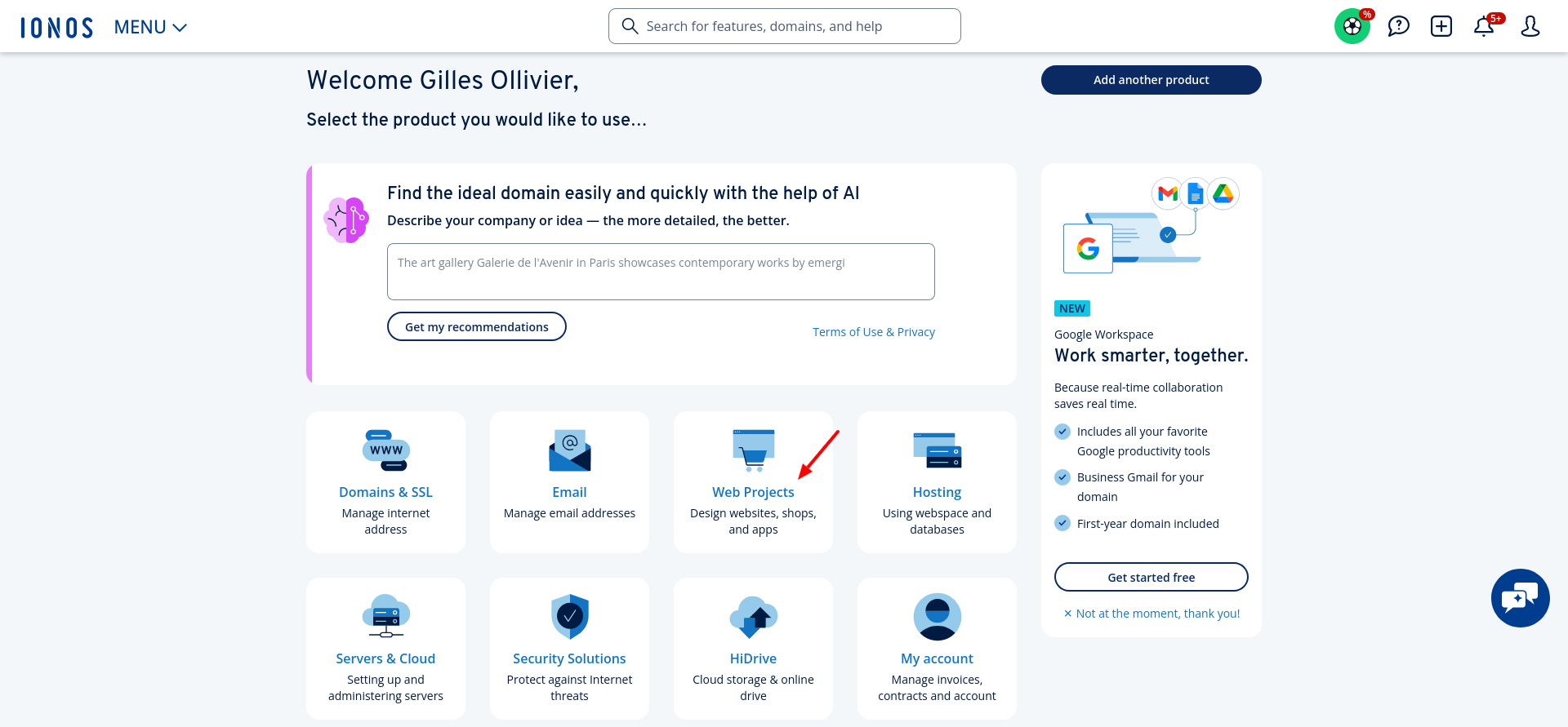 screenshot of the 'Web Projects' button