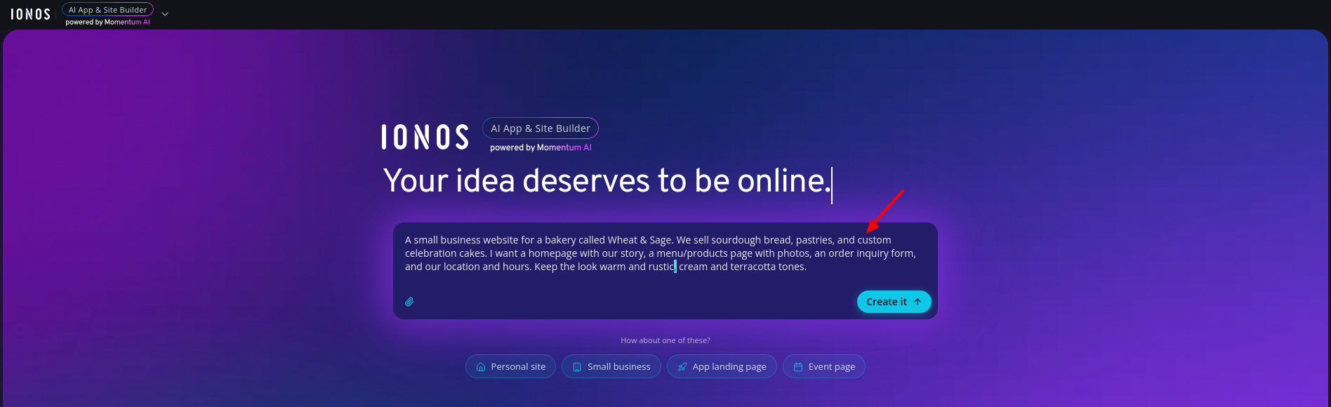 screenshot of the IONOS AI App Builders prompt