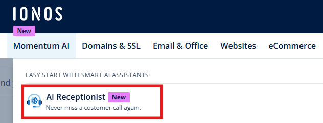 Page d’option IONOS AI Receptionist