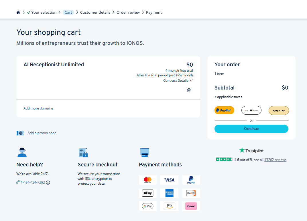 Paiement du panier IONOS AI Receptionist avec code promo