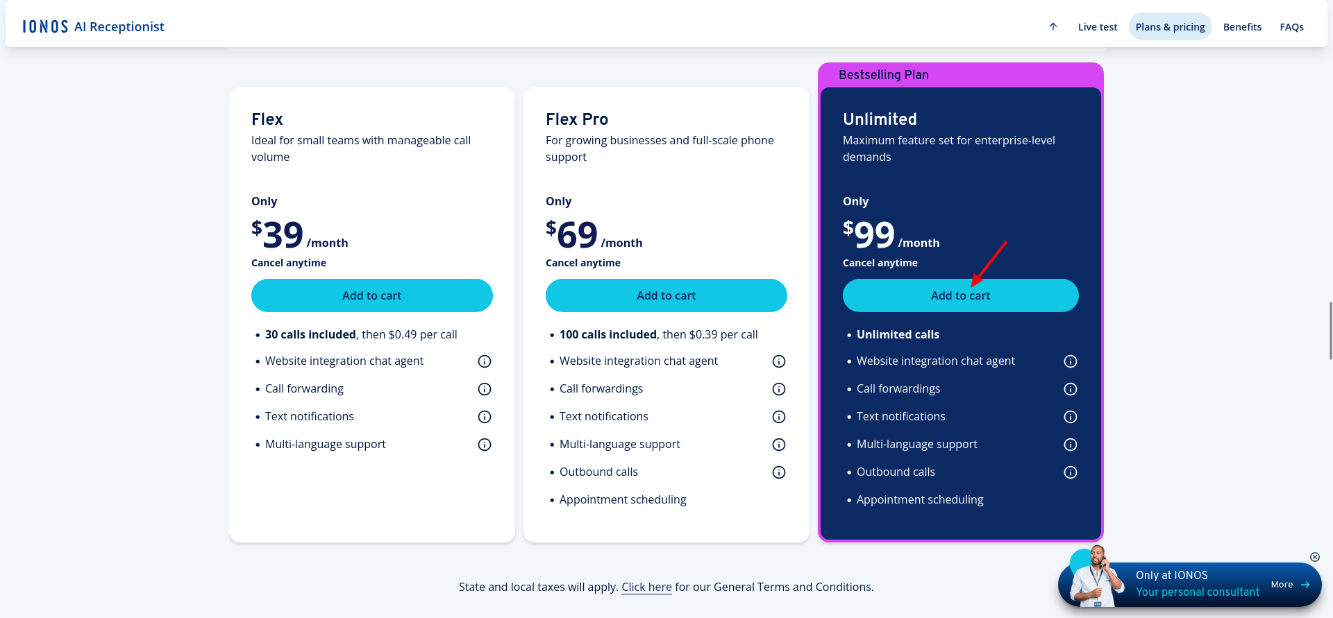 IONOS AI Receptionist pricing page with Unlimited plan selected