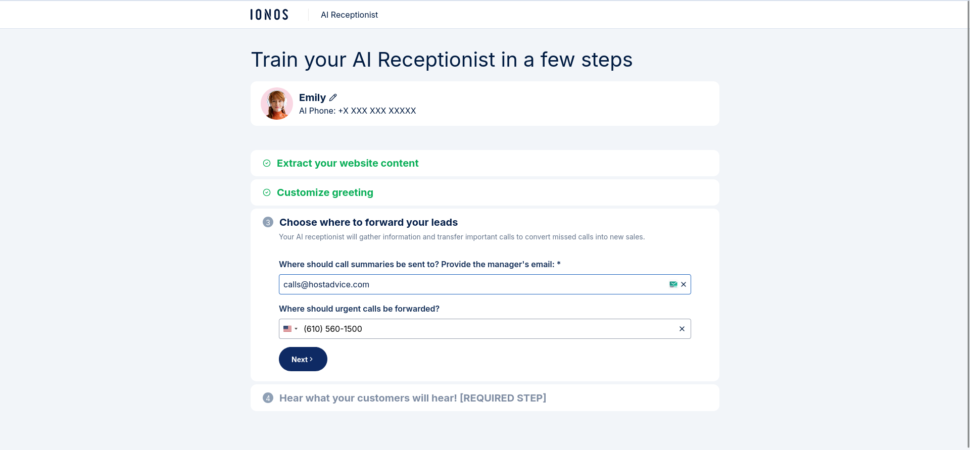 IONOS AI Receptionist lead forwarding setup screen