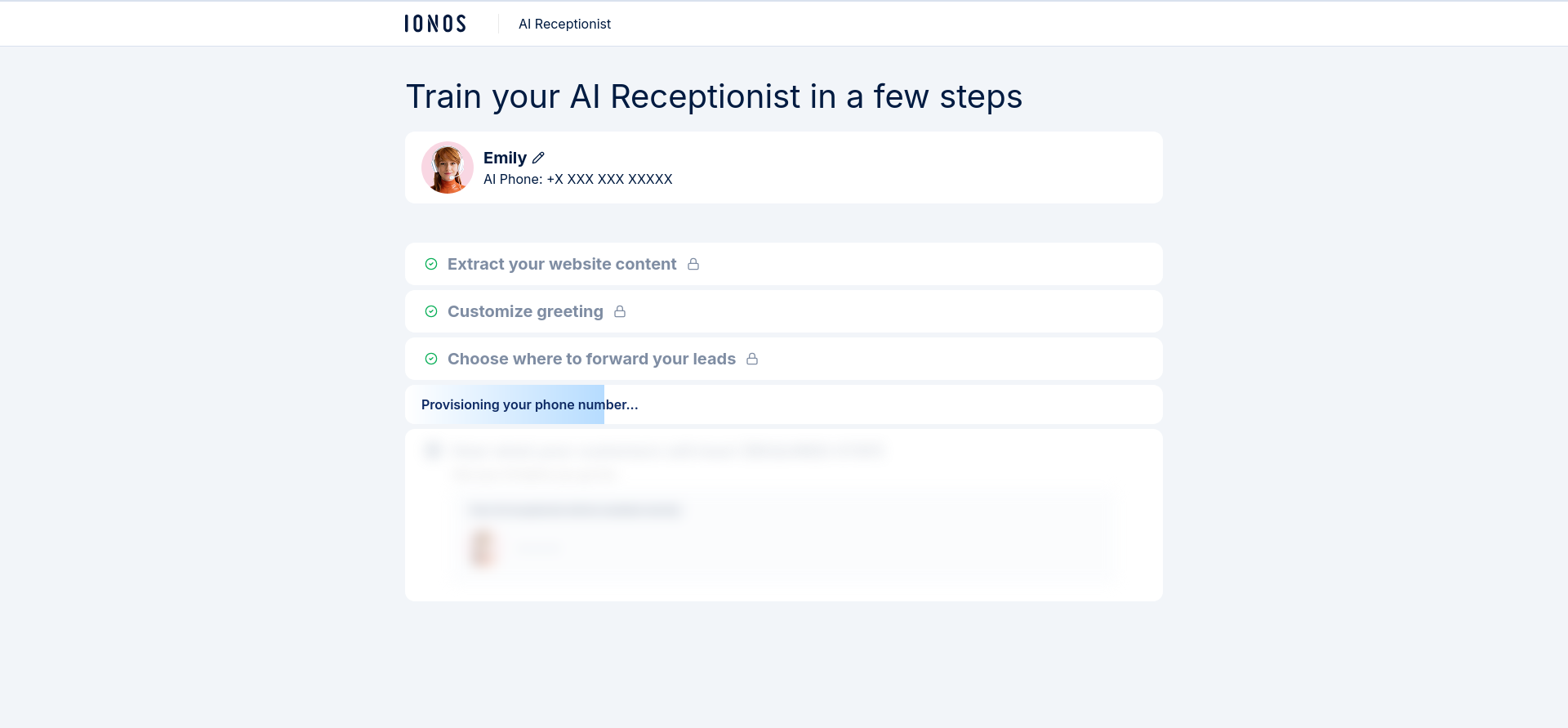 IONOS AI Receptionist required live test call setup