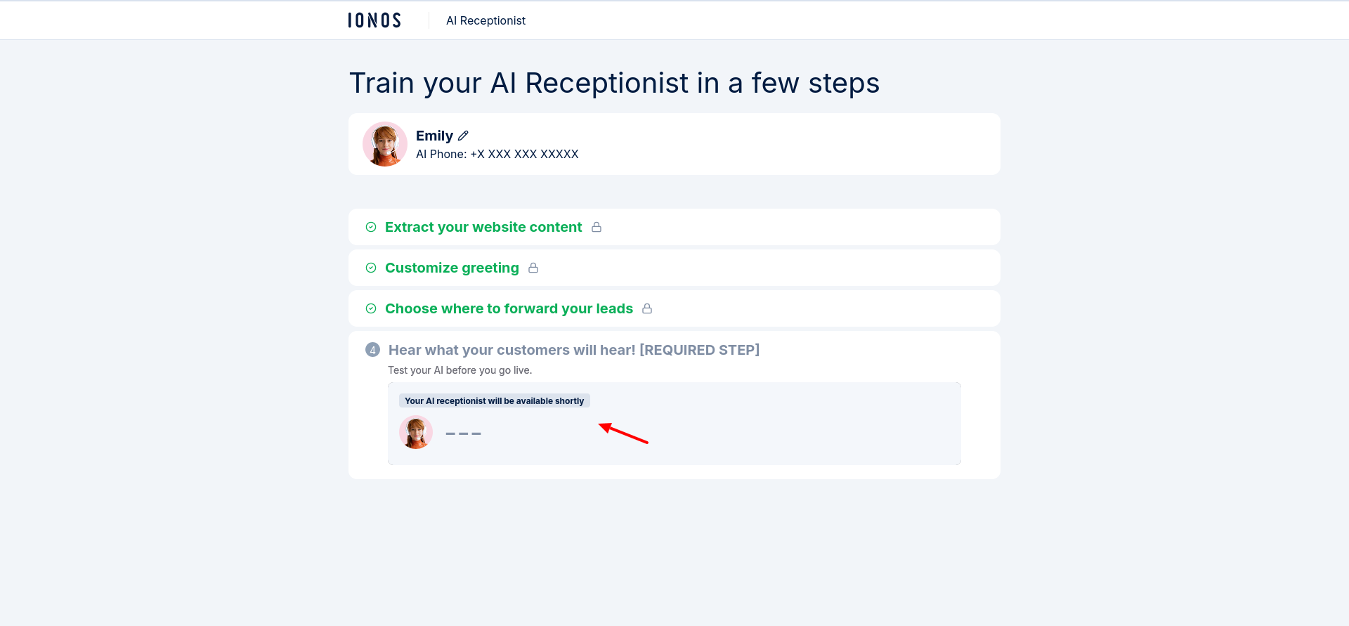 IONOS AI Receptionist live test call screen