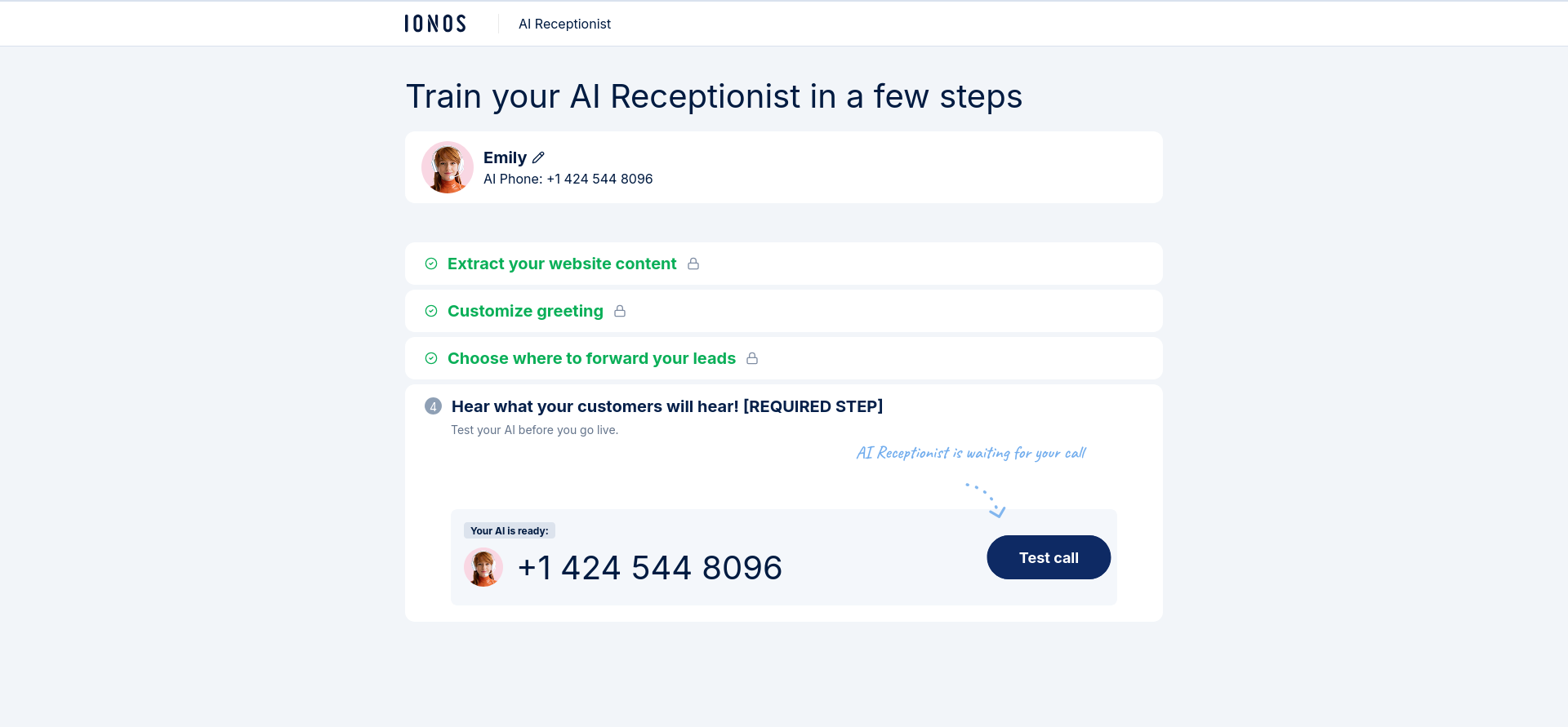 IONOS AI Receptionist confirmation screen after test call