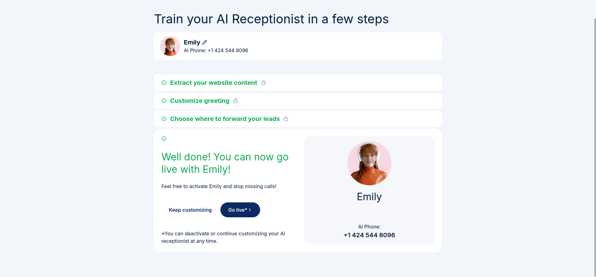 IONOS AI Receptionist go-live activation wizard