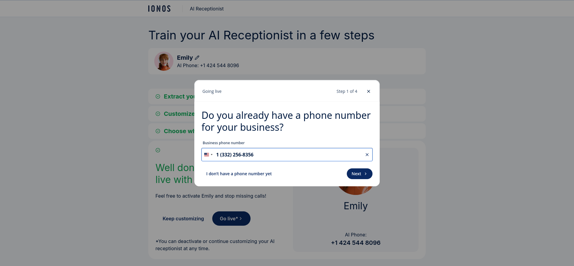 IONOS AI Receptionist business phone forwarding setup