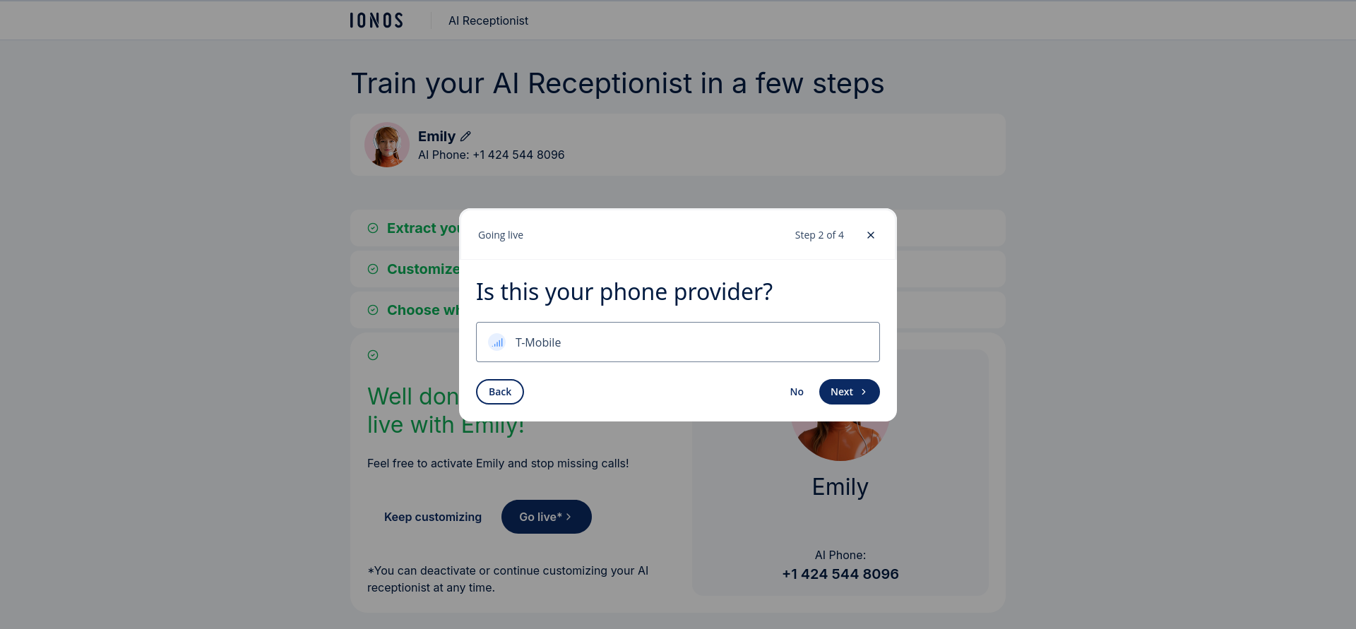 IONOS AI Receptionist phone provider confirmation screen