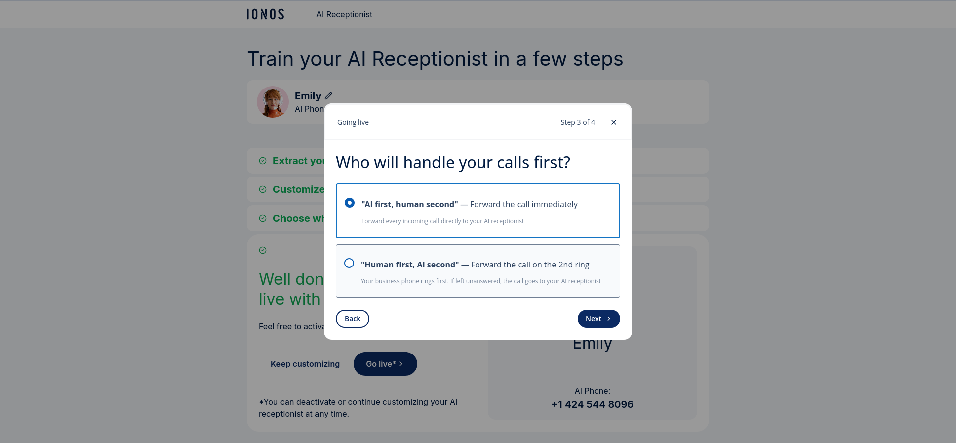 IONOS AI Receptionist call forwarding routing options