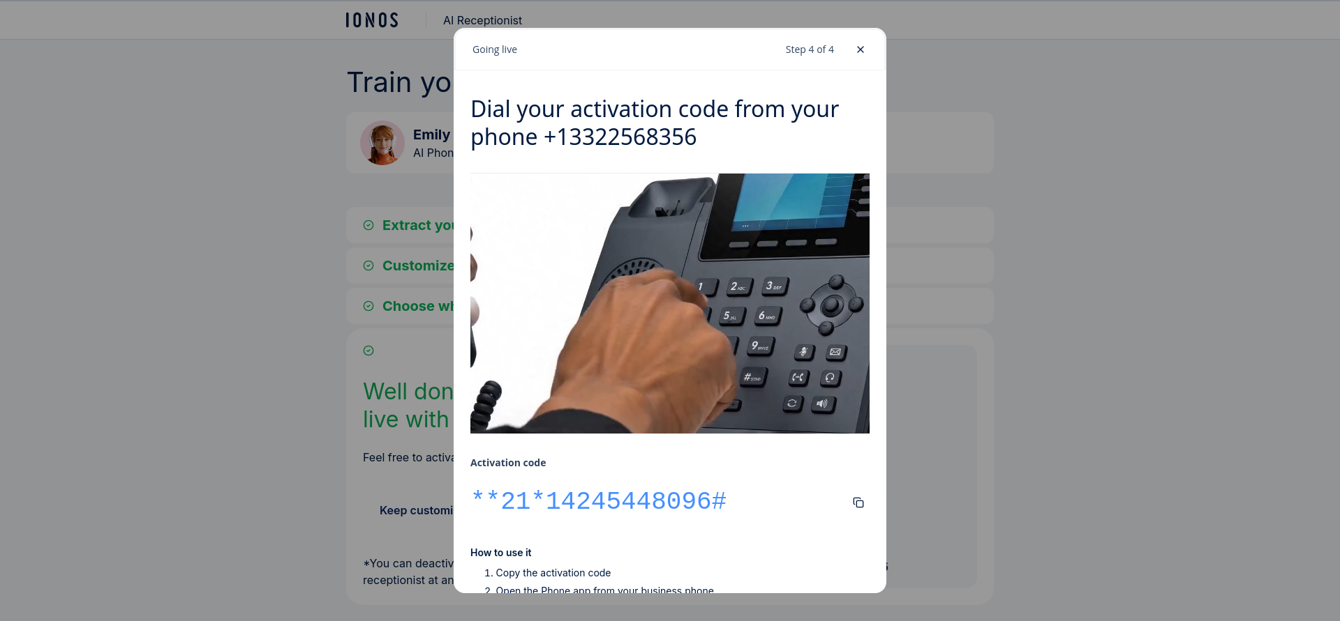 IONOS AI Receptionist activation code instructions