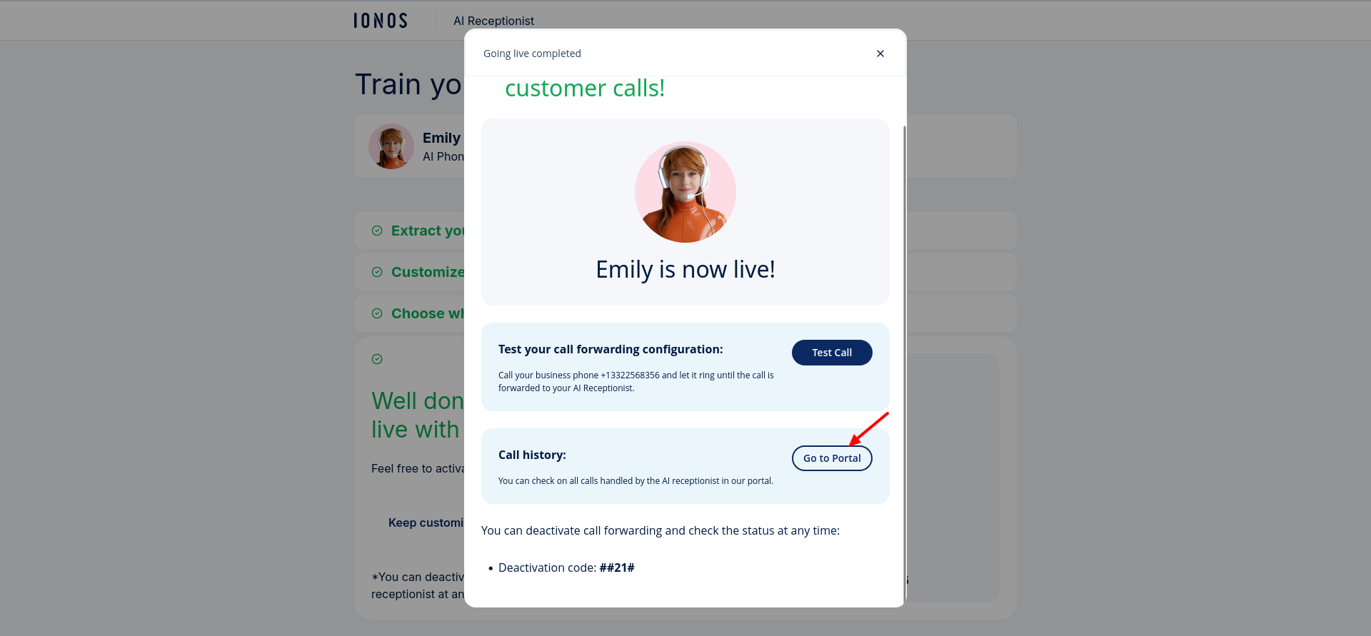 IONOS AI Receptionist call forwarding completion screen