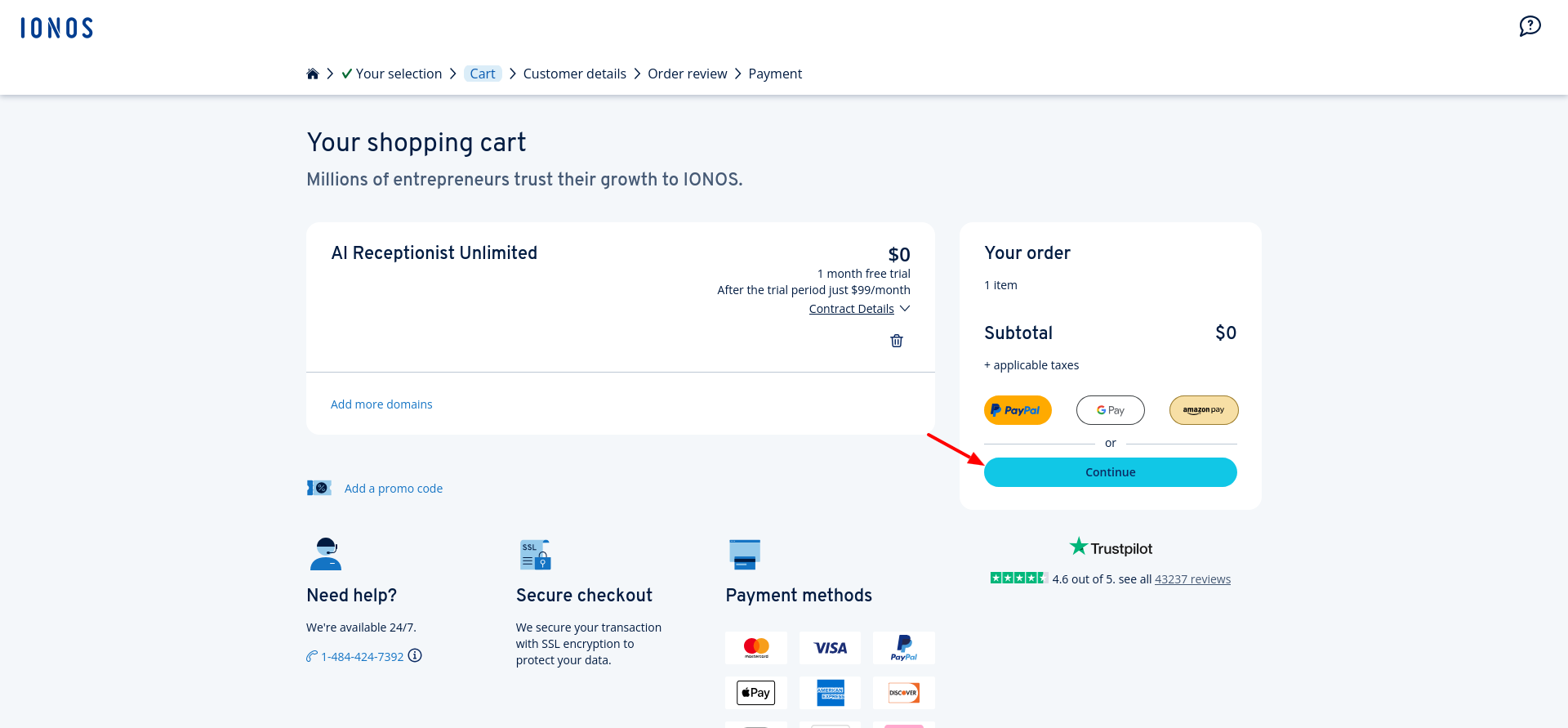IONOS AI Receptionist cart showing one-month free trial